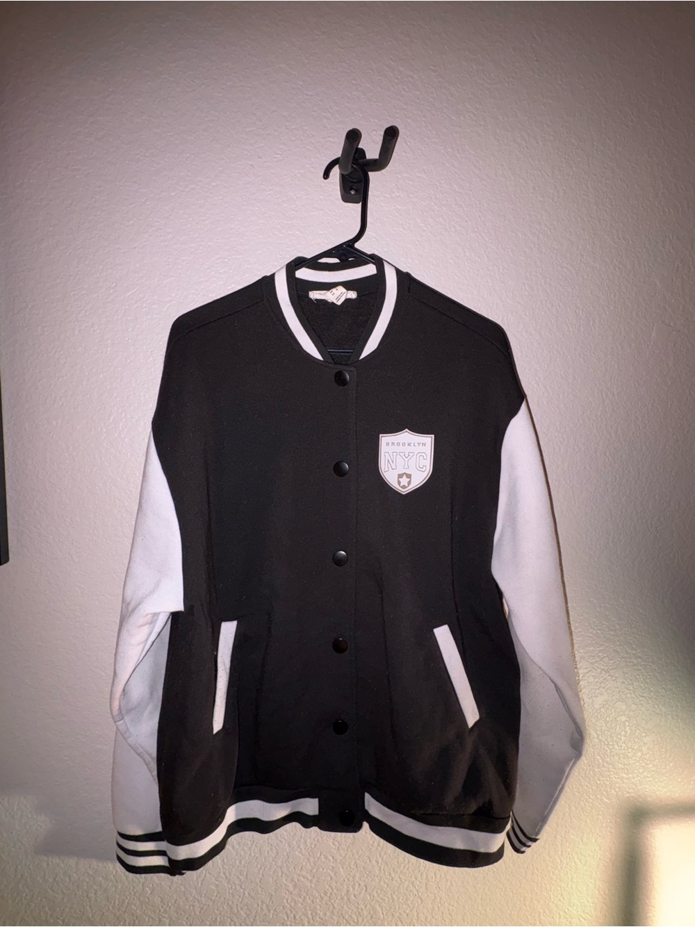 Black and White Varsity Bomber Jacket with NYC Crest